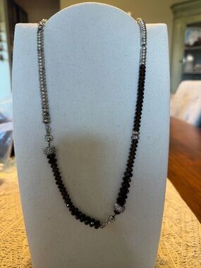 Fossil Vintage Dark Brown Crystal and Silver Bead Necklace